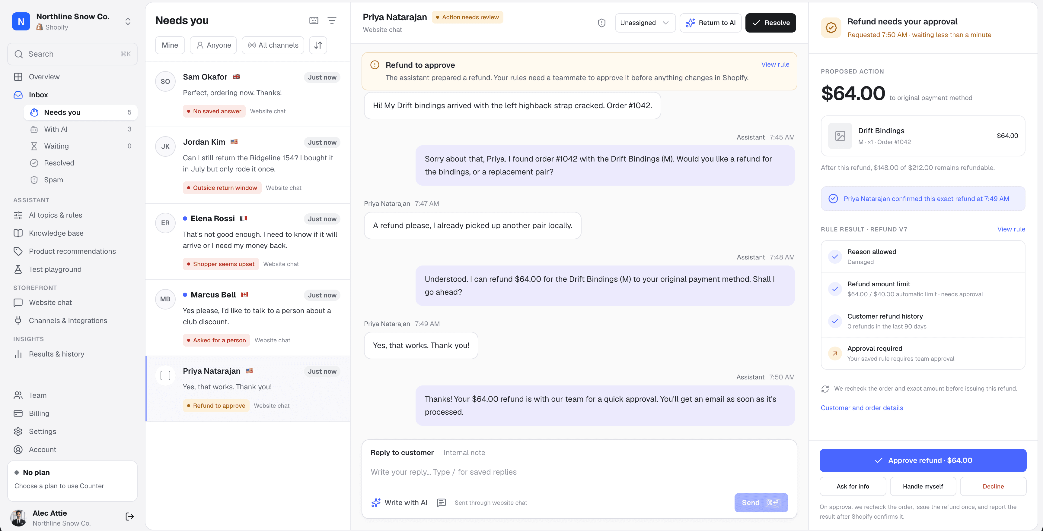 Counter inbox with a refund waiting for a teammate's approval
