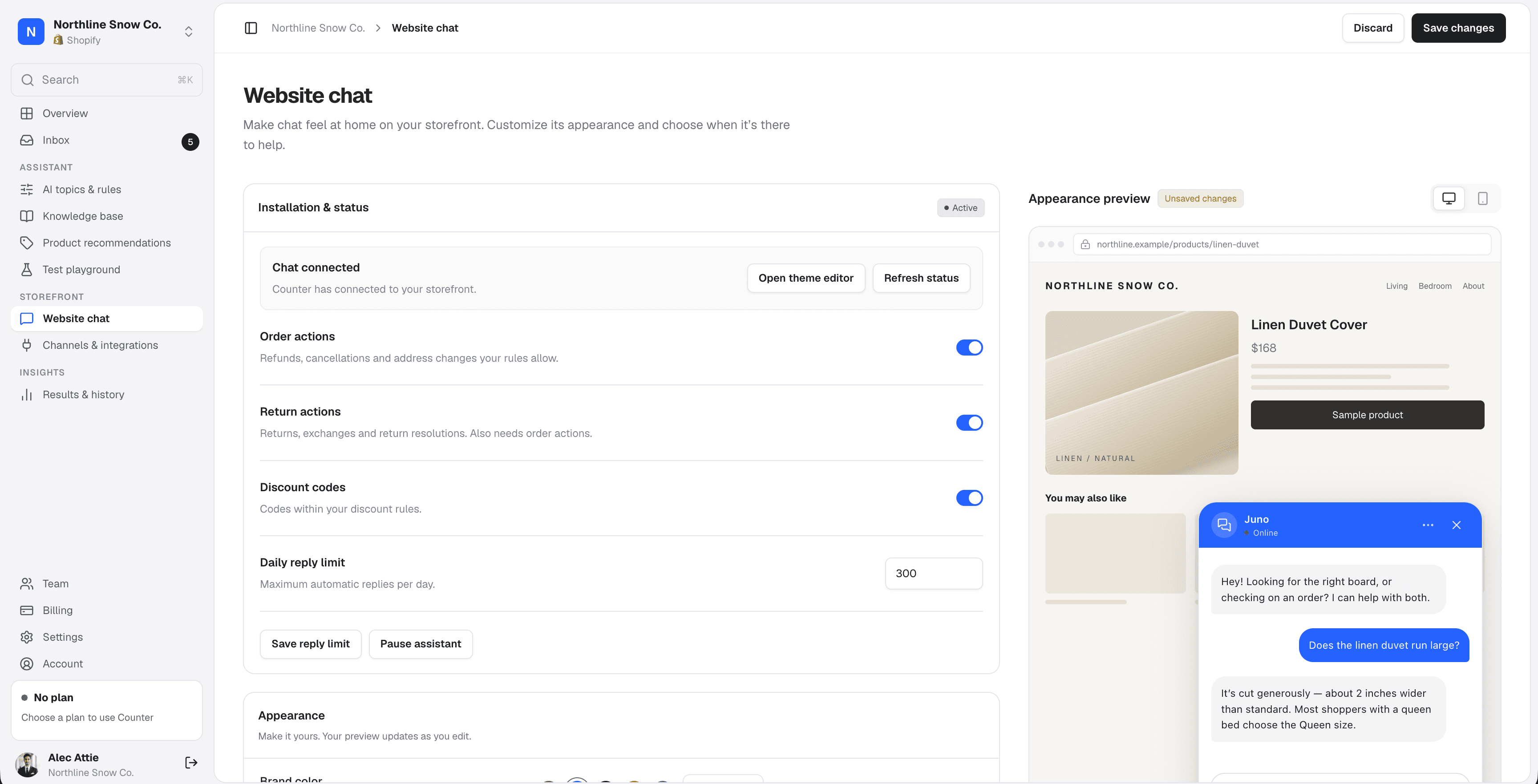 Website chat settings with a live preview